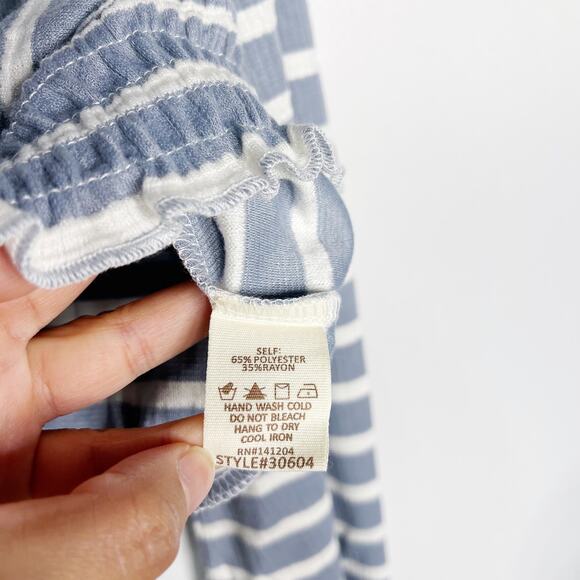 New Hem & Thread Large L Blue White Striped Long Bell Sleeve Cinch Hem Tee Top - Picture 7 of 8